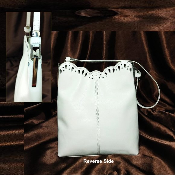 KIYTO Japan white Leather Satchel Perforated Scalloped Edge Shoulder Bag Purse - Picture 4 of 11